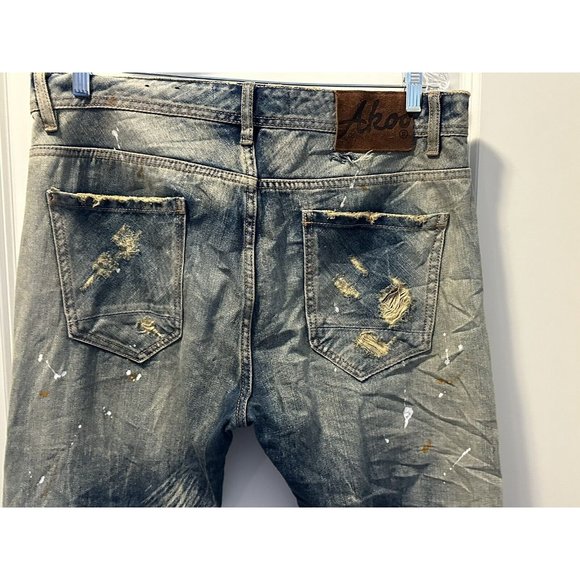 AKOO Mens Jeans  Slim Fit Blue‎ Denim Distressed Trust Nothing Patch  34W x 32L - Picture 5 of 9